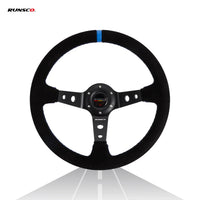 Runsco 14 Inch/350mm Racing Steering Wheel - Black Leather with Blue Stitching - Lightweight Aluminum Spoke