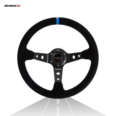 Runsco 14 Inch/350mm Racing Steering Wheel - Black Leather with Blue Stitching - Lightweight Aluminum Spoke