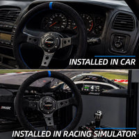 Runsco 14 Inch/350mm Racing Steering Wheel - Black Leather with Blue Stitching - Lightweight Aluminum Spoke
