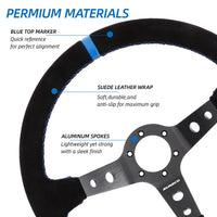 Runsco 14 Inch/350mm Racing Steering Wheel - Black Leather with Blue Stitching - Lightweight Aluminum Spoke