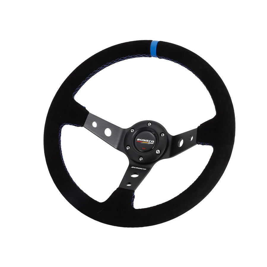 Runsco 14 Inch/350mm Racing Steering Wheel - Black Leather with Blue Stitching - Lightweight Aluminum Spoke