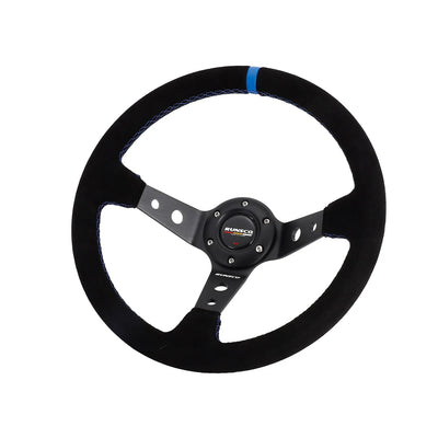 Runsco 14 Inch/350mm Racing Steering Wheel - Black Leather with Blue Stitching - Lightweight Aluminum Spoke