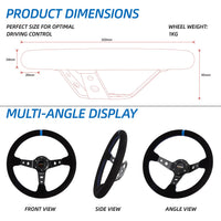 Runsco 14 Inch/350mm Racing Steering Wheel - Black Leather with Blue Stitching - Lightweight Aluminum Spoke